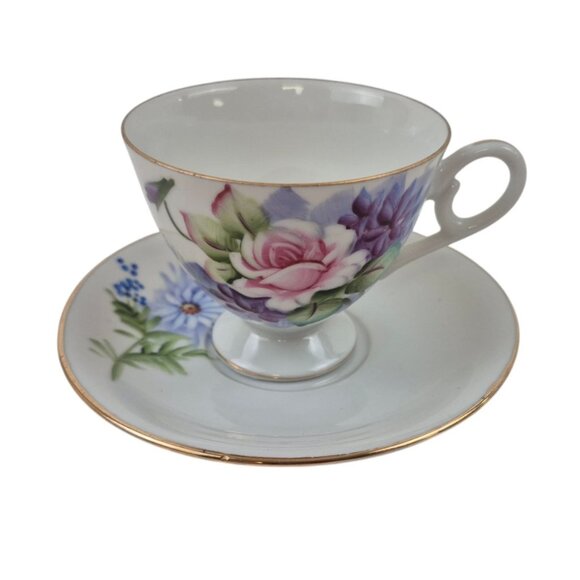 Lefton Teacup Saucer Set Japan Hand Painted Floral 4671 Gold Trim Vintage - Picture 3 of 10